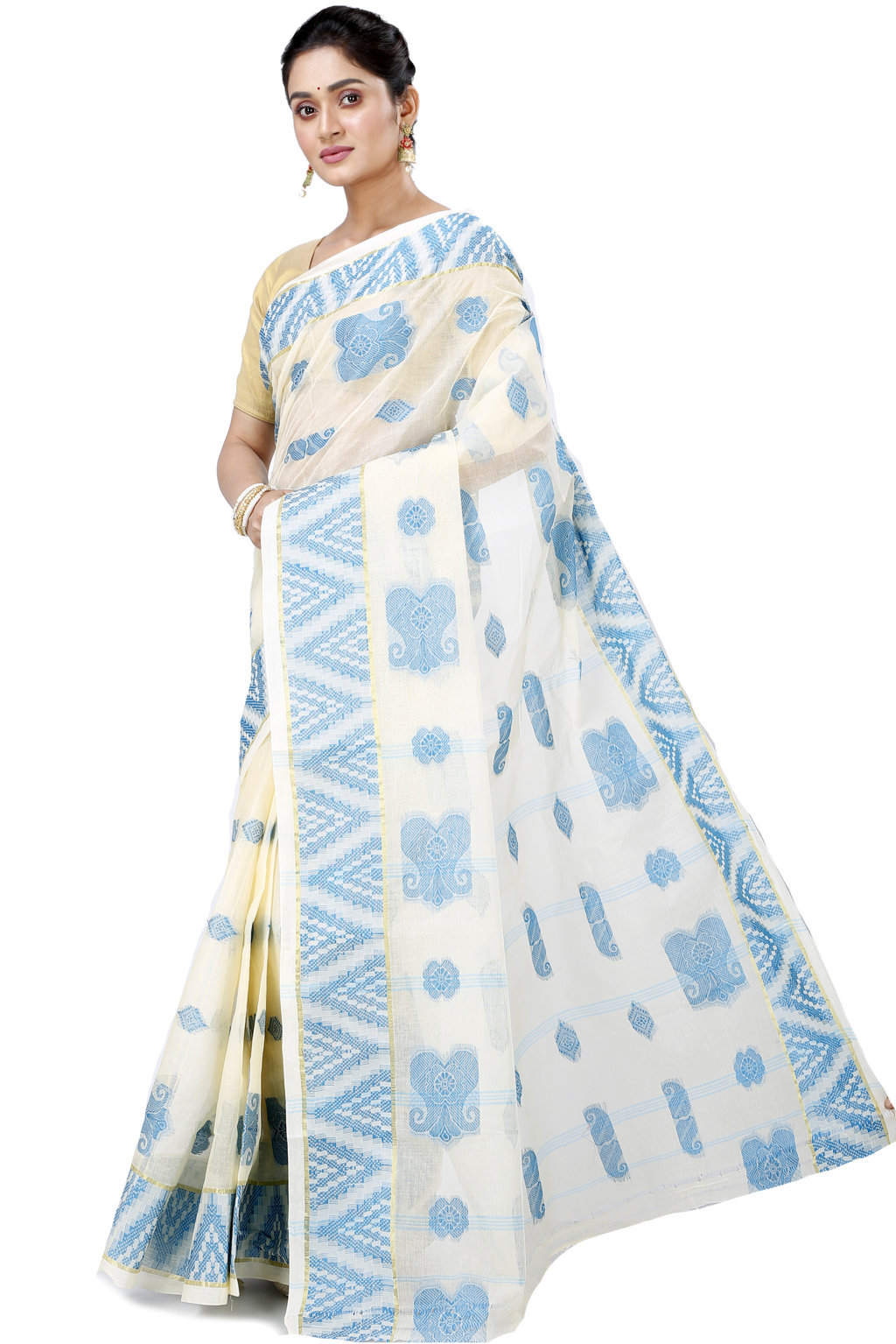 White Sky Blue Pure Cotton Gargi Tant Saree (913)